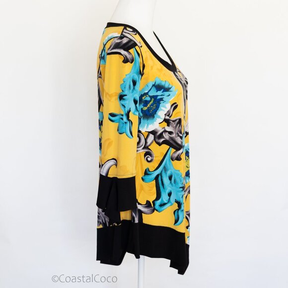 Eva Varro Floral Asymmetric Tunic M Top Yellow Stretch Boho Artsy Flowy Holiday - Picture 3 of 9